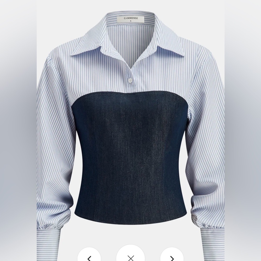 New Commense Womens Denim Panel Striped Shirt Blue White Xs